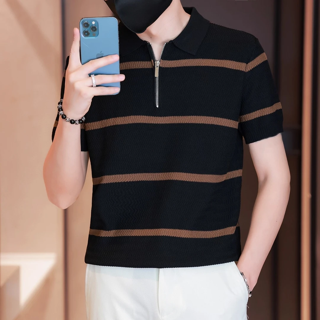 波浪纹冰丝短袖T恤男夏季2025新款凉感透气舒适休闲百搭拉链