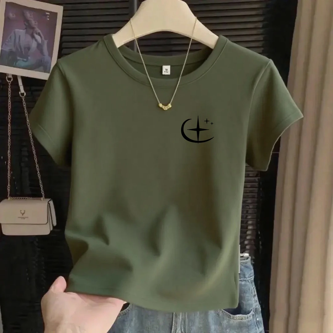 港风系橄榄绿通勤圆领显瘦短袖短款内搭透气弹力T恤复古军绿女士
