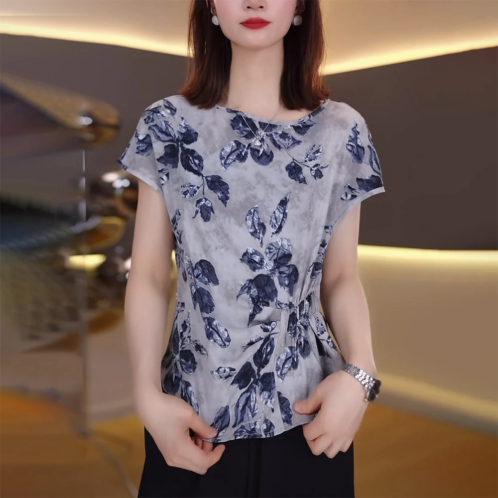 碎花休闲短袖t恤女士2025夏季新款时尚洋气减龄显瘦收腰印花上衣