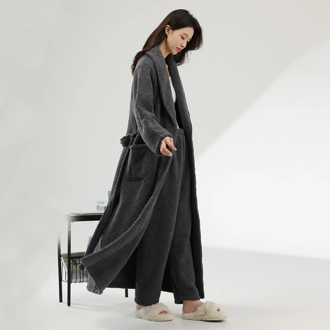 半边绒睡袍女新款冬季浴袍加厚保暖珊瑚绒情侣睡衣浴衣长款男士