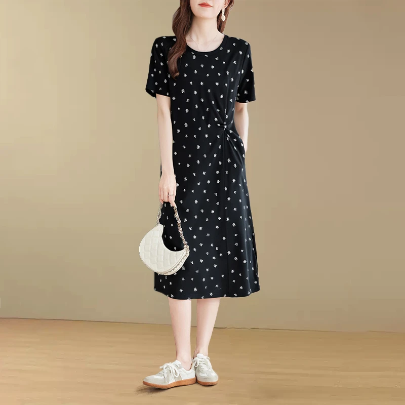 短袖印花连衣裙2025新款今年流行爆款大码女装减龄收腰显瘦A字裙