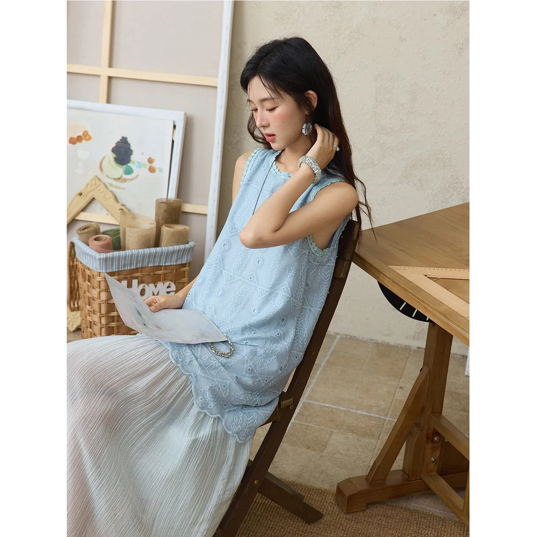 谜秀新品法式刺绣假两件背心裙女蕾丝夏季复古宽松文艺无袖时尚