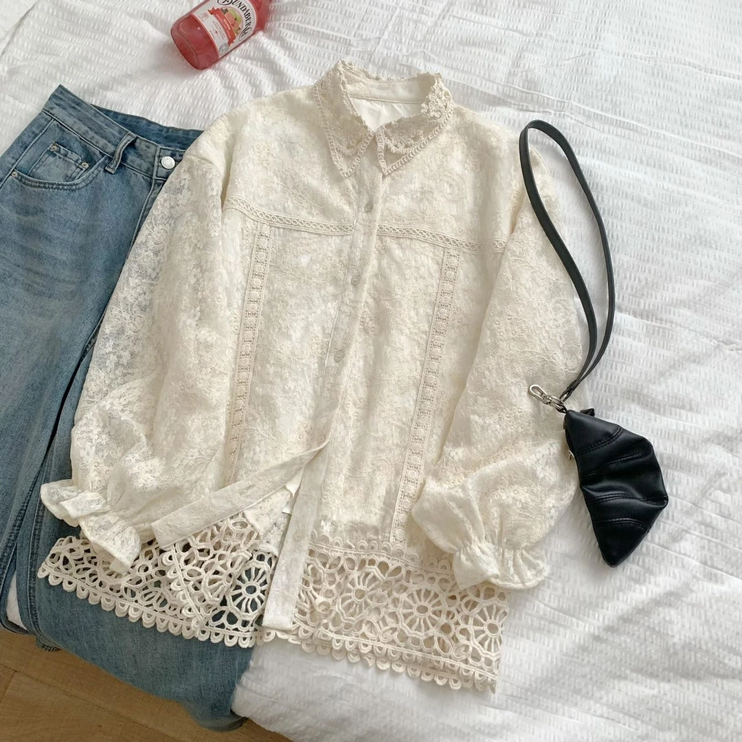 朵儿定制【富家千金】法式重工镂空蕾丝翻领衬衣IM14