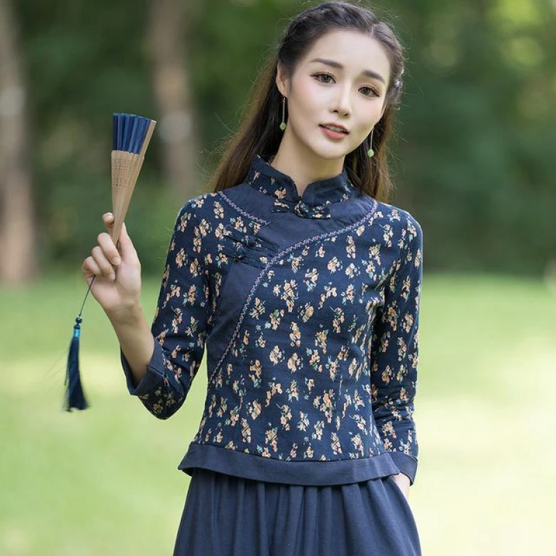 新中式民国女装旗袍上衣唐装套装复古汉服女中国风提花棉麻茶服