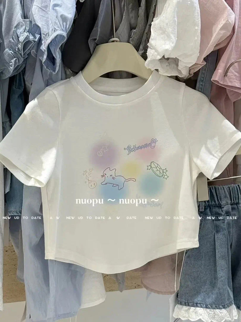 &苏珊&2025新款夏款猫咪彩色印花T恤可爱潮酷6229