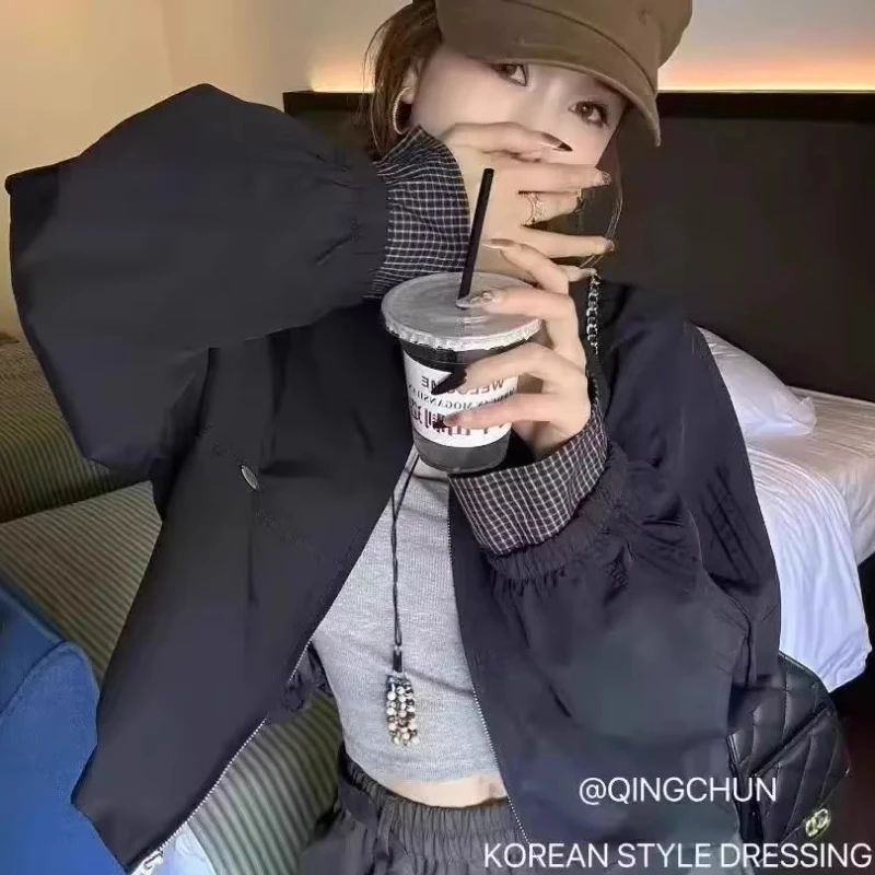 韩版拼接袖立领夹克百搭宽松休闲外套女秋季棒球服上衣