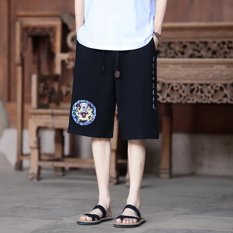 中国风龙纹刺绣短裤男士休闲直筒运动裤夏季薄款大码宽松五分中裤