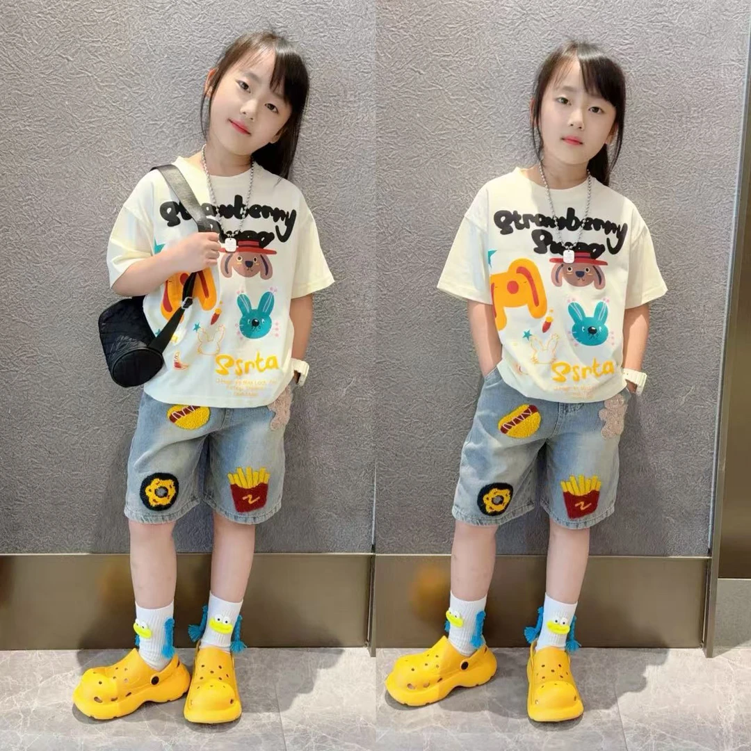 女童夏季休闲潮酷毛巾绣牛仔短裤中大童女孩宽松短袖T恤衫套装薄