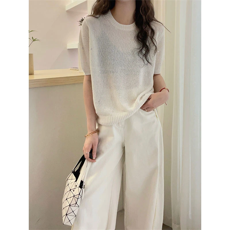 2025夏季新款大码圆领重工烫钻短袖T恤女微胖妹妹设计感百搭上衣