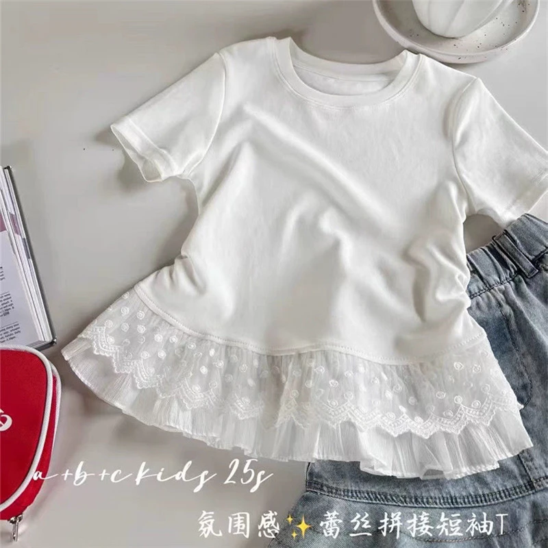 女童短袖T恤2025夏季新款夏装白色蕾丝花边儿童甜美纯棉童装上衣