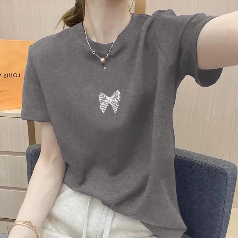 2025新款纯棉正肩圆领短袖t恤女灰色简约休闲时尚显瘦上衣打底衫