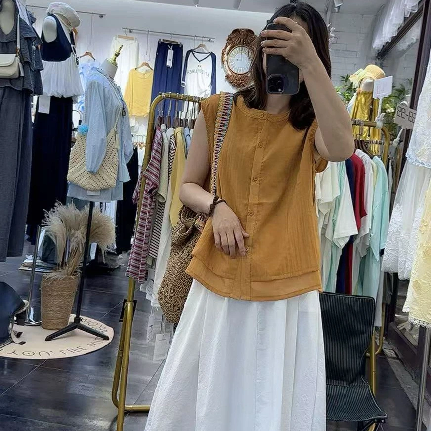 夏季新品圆领无袖宽松遮肉简约净版后背设计感高档衬衣衬衫轻职风