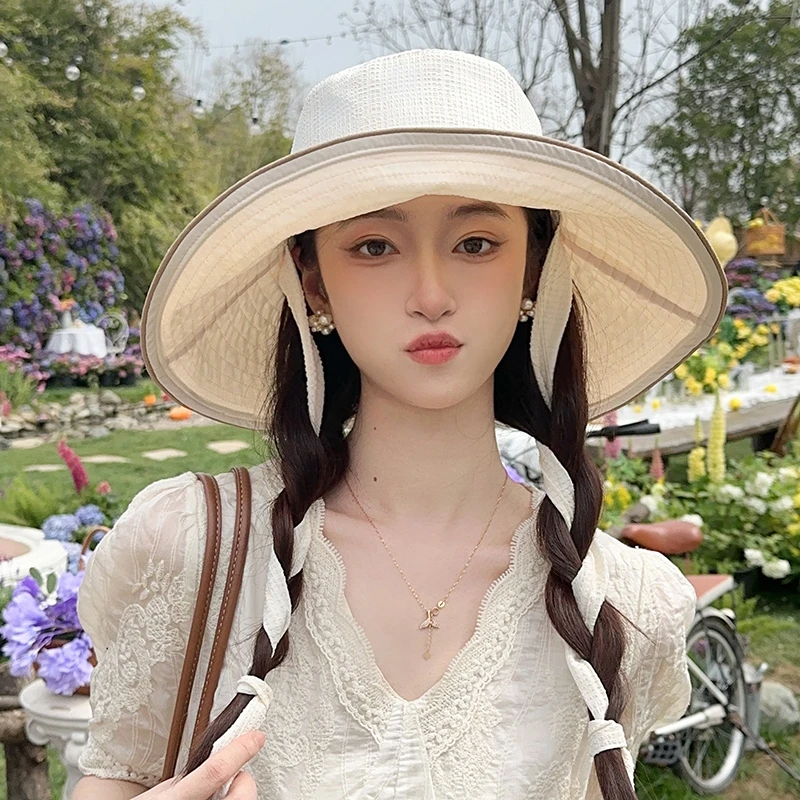 双面戴春夏季户外出游格子渔夫帽女大帽檐可折叠遮阳盆帽防紫外线