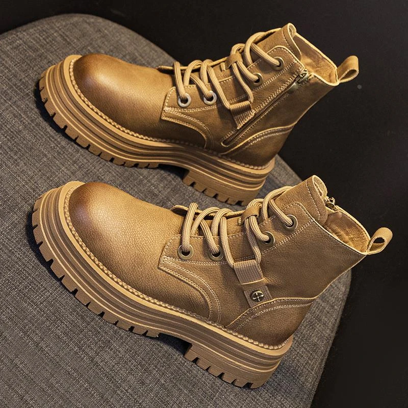 万达撤柜头层牛皮厚底马丁靴女款2025秋新款复古大黄靴圆头带短靴