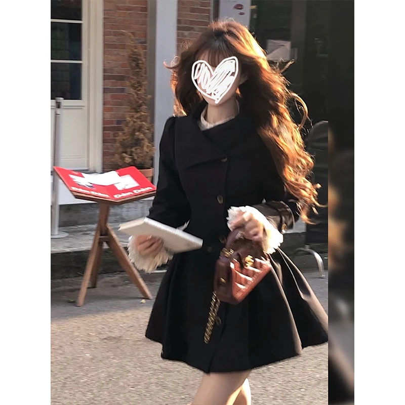 法式赫本风黑色收腰大裙摆风衣外套女秋季新款气质英伦风掐腰大衣