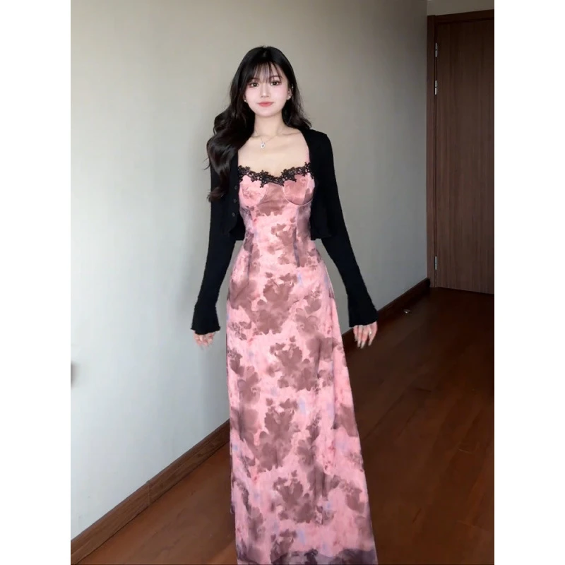 KM儿纯欲风蕾丝拼接扎染吊带连衣裙套装女夏薄款防晒开衫甜辣AF茜