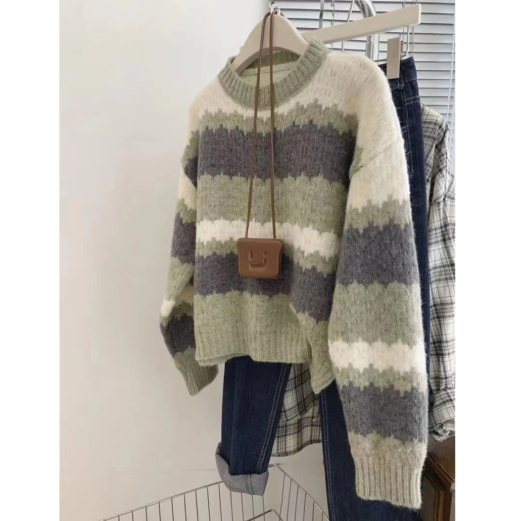 小个子打底毛衣女秋冬新款宽松百搭条纹韩版套头撞色针织衫上衣