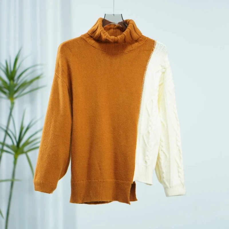 【诗M】O-634  女装秋撞色高领毛织上衣桔色2506323