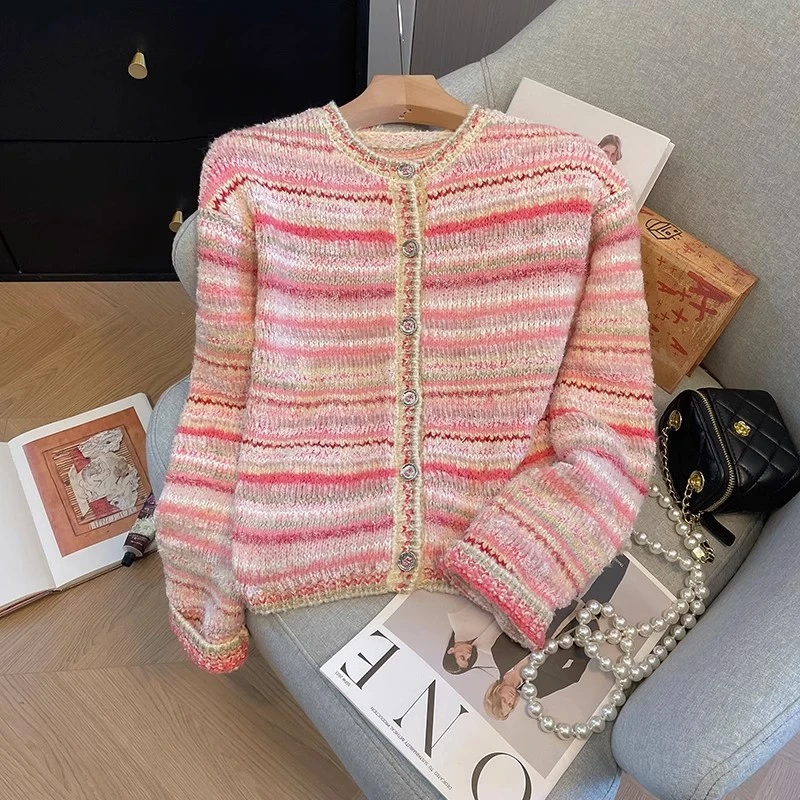 2025超好看条纹小香风针织开衫2025春季气质减龄时尚显瘦毛衣外套