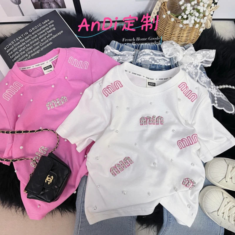 〖ANDI〗订制夏季新款中大童女童重工亮钻小珠子时尚洋气短袖3620