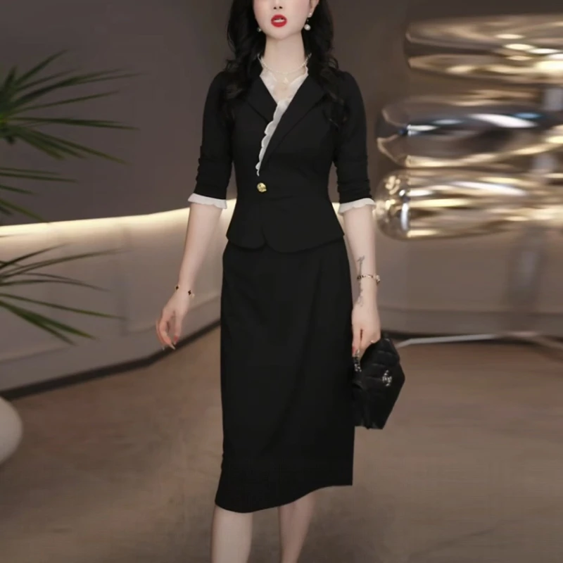 弹力精纺高级感女装2025秋季新款时尚黑色修身显瘦假两件连衣裙子