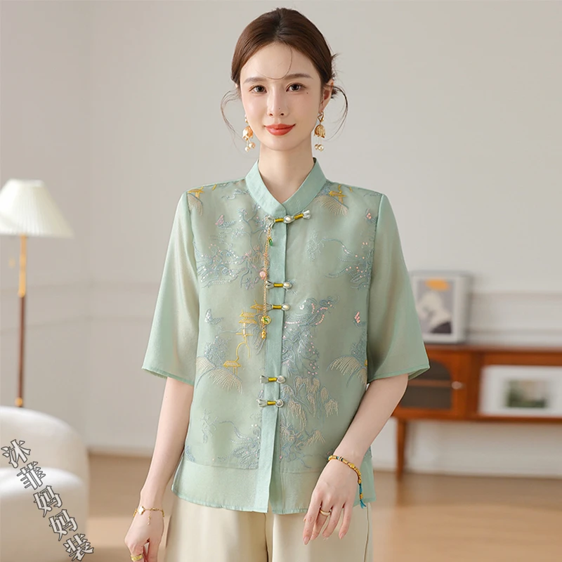 新中式妈妈装2025夏季新款立领显气质国风小衫中老年女装复古上衣