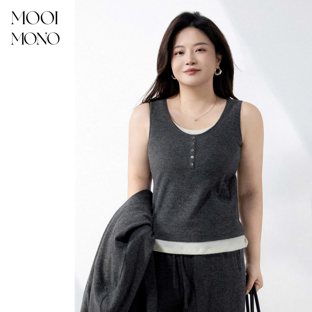 MOOI MONO"风轻吟"显瘦气质时尚假两件羊毛针织圆领背心 A623S53
