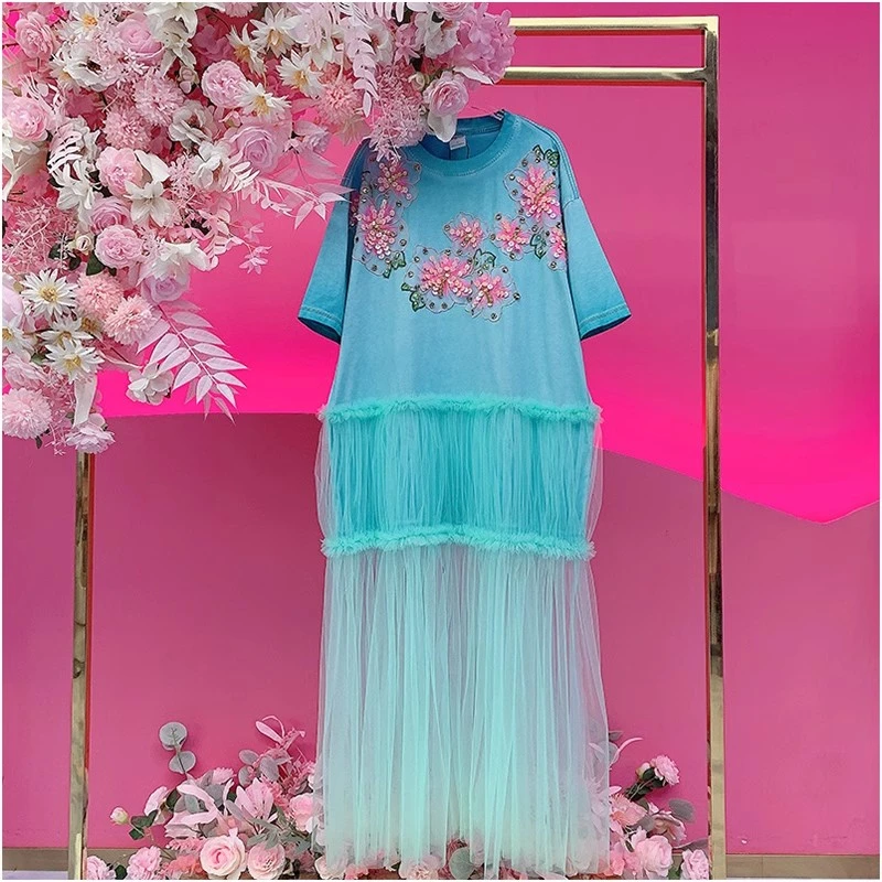 A1474欧美设计师2025夏季新款重工钉钻亮片花朵拼纱休闲T恤连衣裙