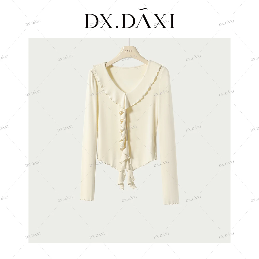 代大喜【温柔浪漫】荷叶边长袖V领打底衫T恤2025秋新款时尚内搭上衣