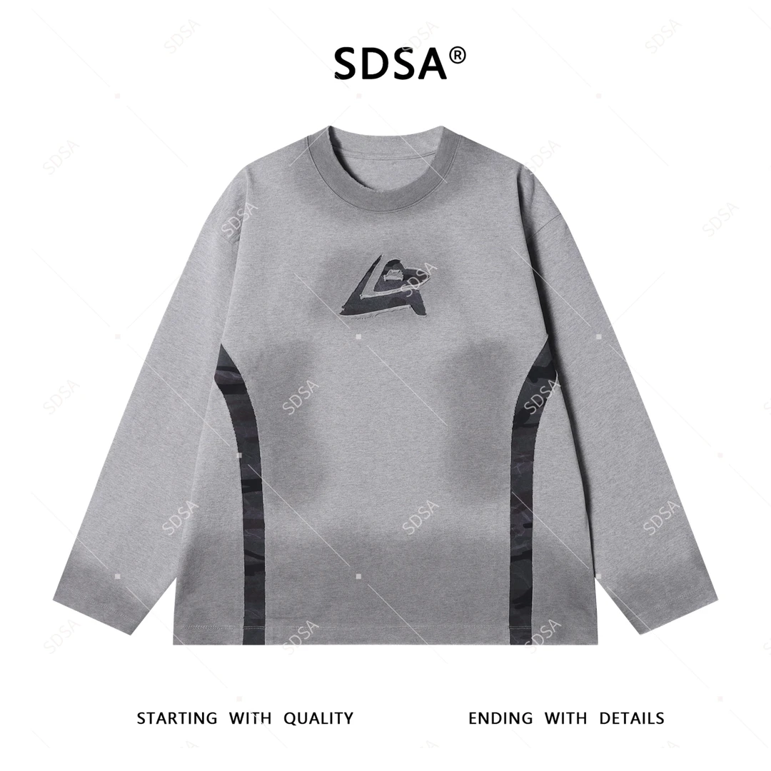 SDSA男士2025新款轻奢痞帅男装撞色拼接圆领长袖T恤百搭休闲上衣