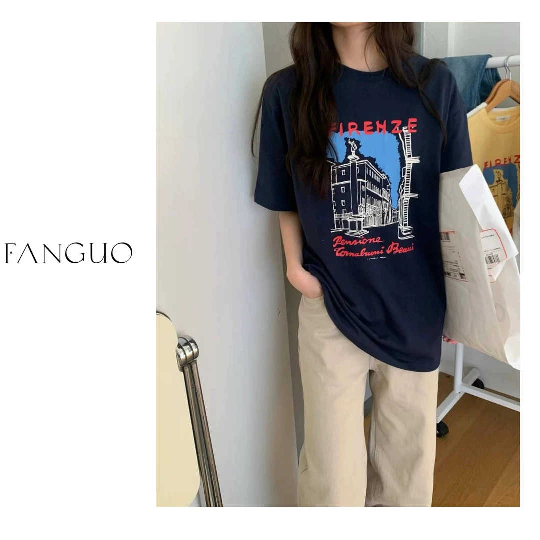 韩国单！empty！美式复古风景图案休闲百搭全棉短袖T恤女B25321