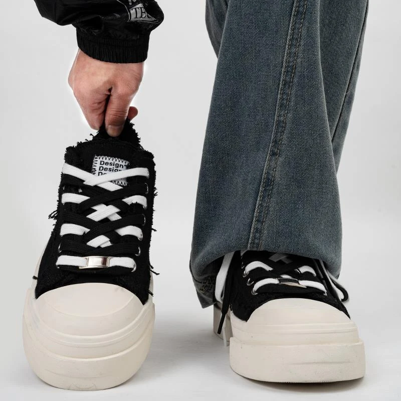 王一博同款月牙大头帆布鞋男女潮牌小众黑白厚底增高百搭休闲板鞋