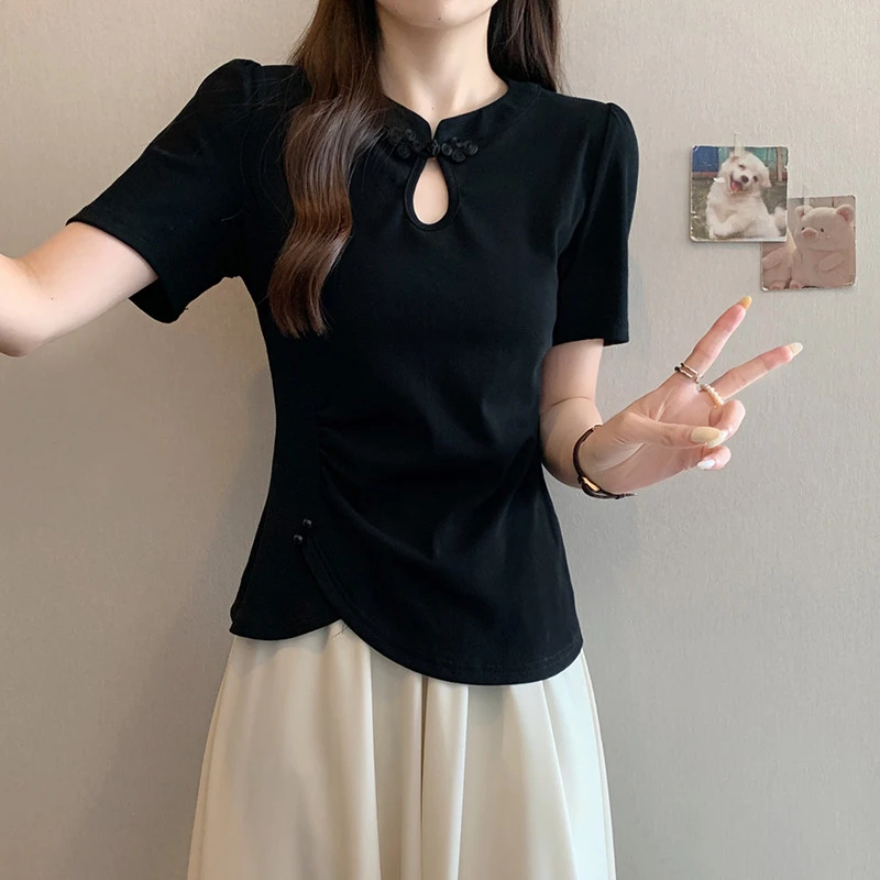 大码新中式镂空正肩短袖女恤夏胖遮肚显瘦国风盘扣不规则上衣