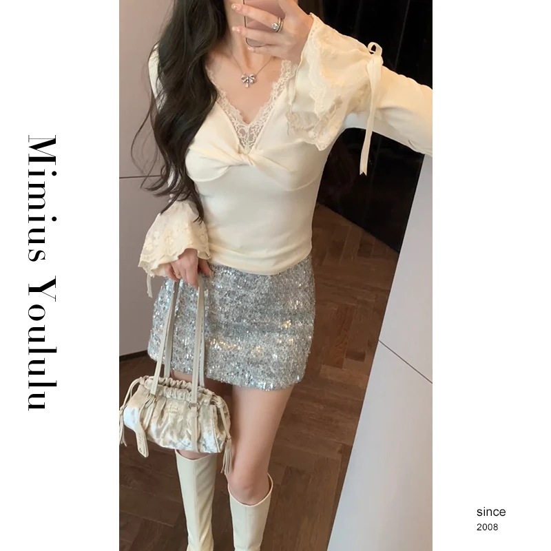 【mimius】&七七 纯欲风扭结V领蕾丝精致打底上衣 汉服 F12126