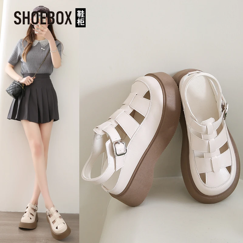 达芙妮集团旗下厚底罗马凉鞋女夏季软底透气休闲包头猪笼鞋镂空鞋