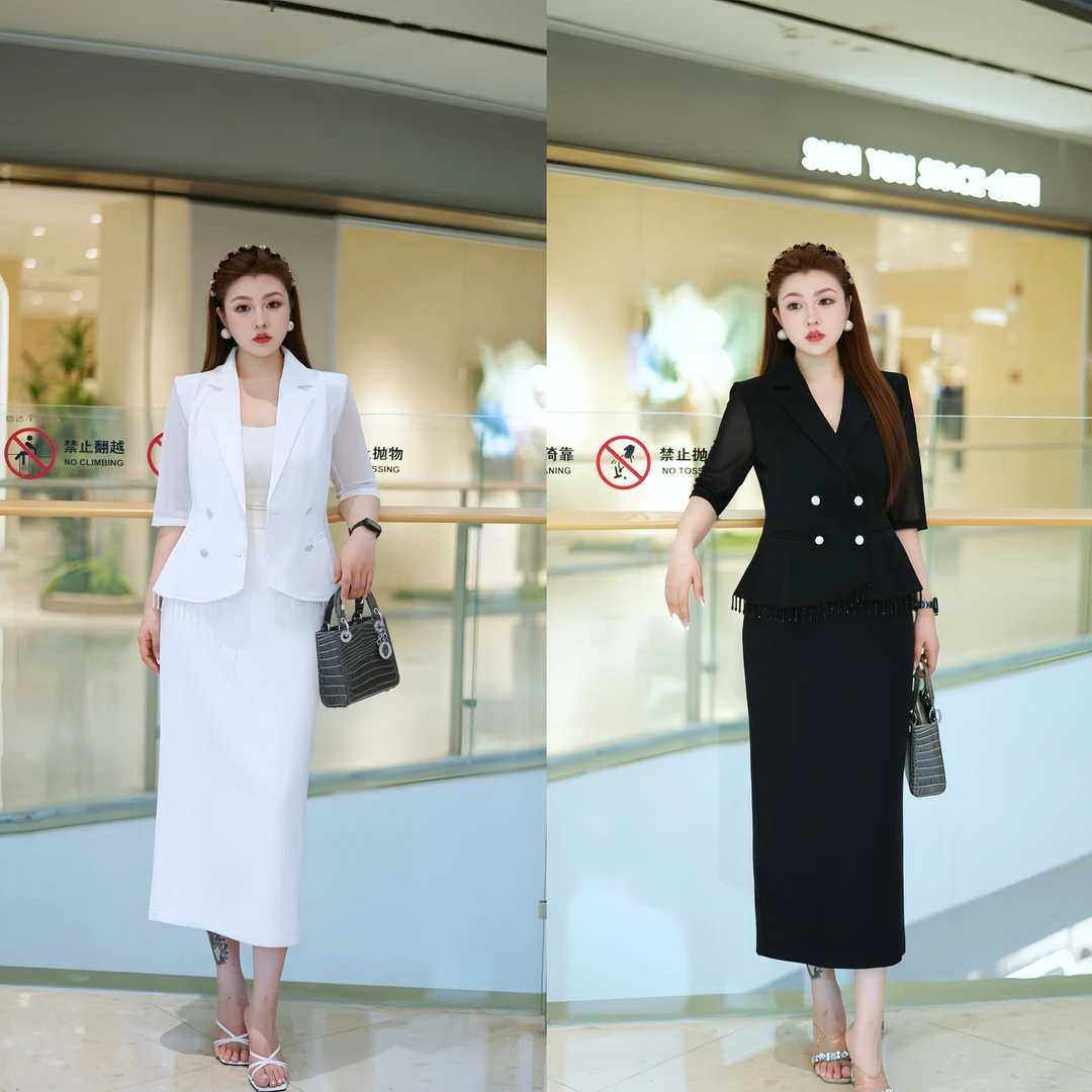 XYD71572/XYD71610高级感气质流苏西装上衣直筒半身裙大码女装