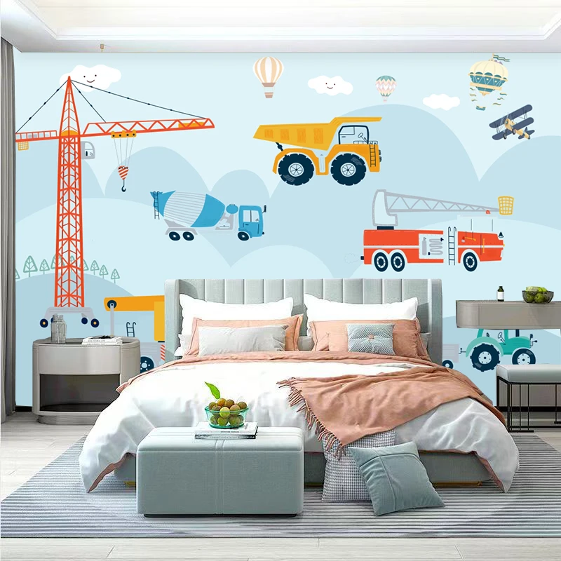 定制儿童房卡通墙布男孩房卧室背景墙环保壁纸大卡车工程车壁画