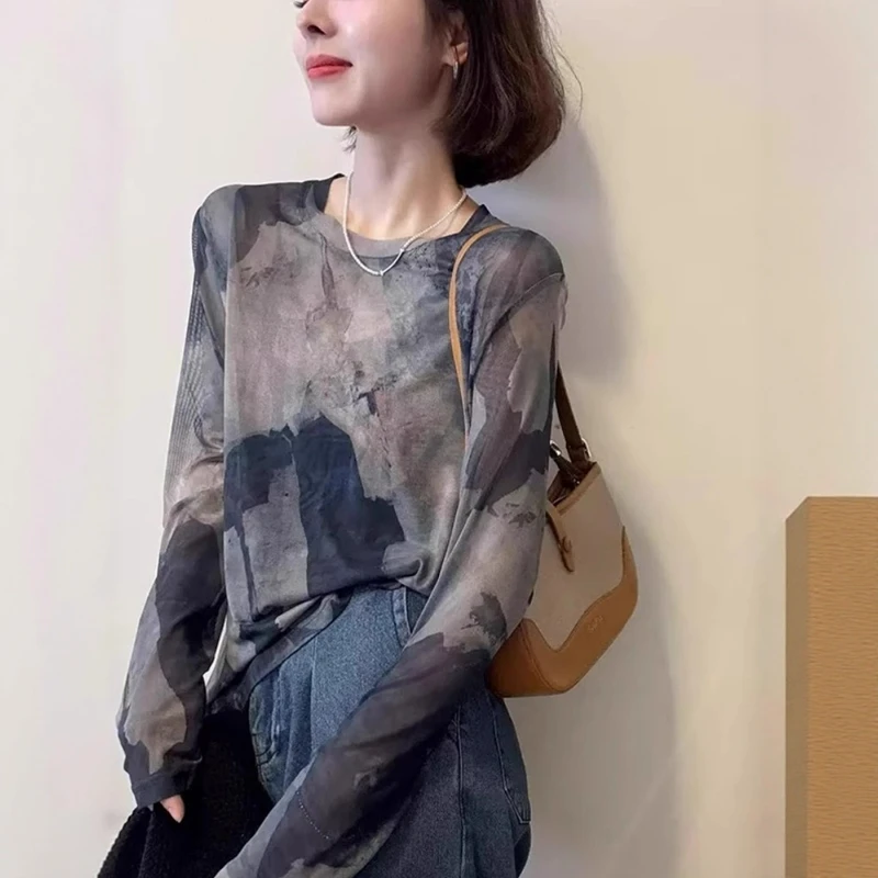 港式复古别致晕染长袖防晒罩衫女2025夏季新款气质慵懒风宽松上衣