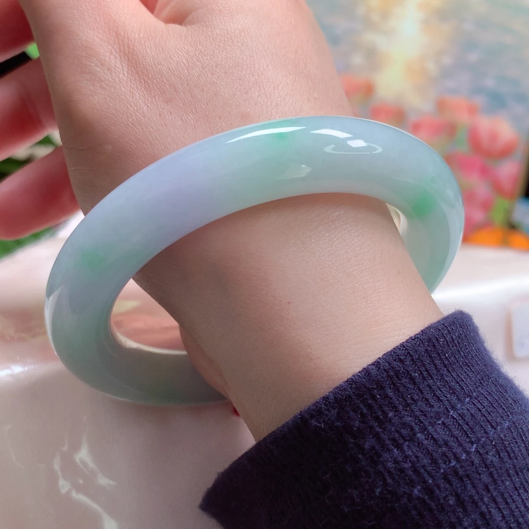 翡翠未镶嵌手镯28胖圆春彩