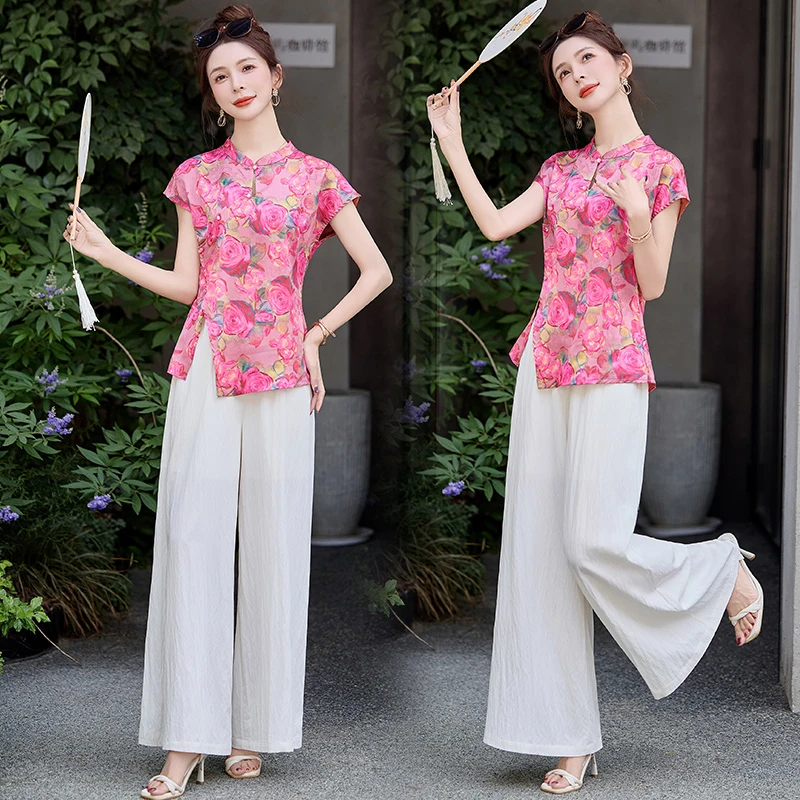 新中式国风洋气衣服女夏季气质显瘦马甲套装唐装阔腿裤一整套女款