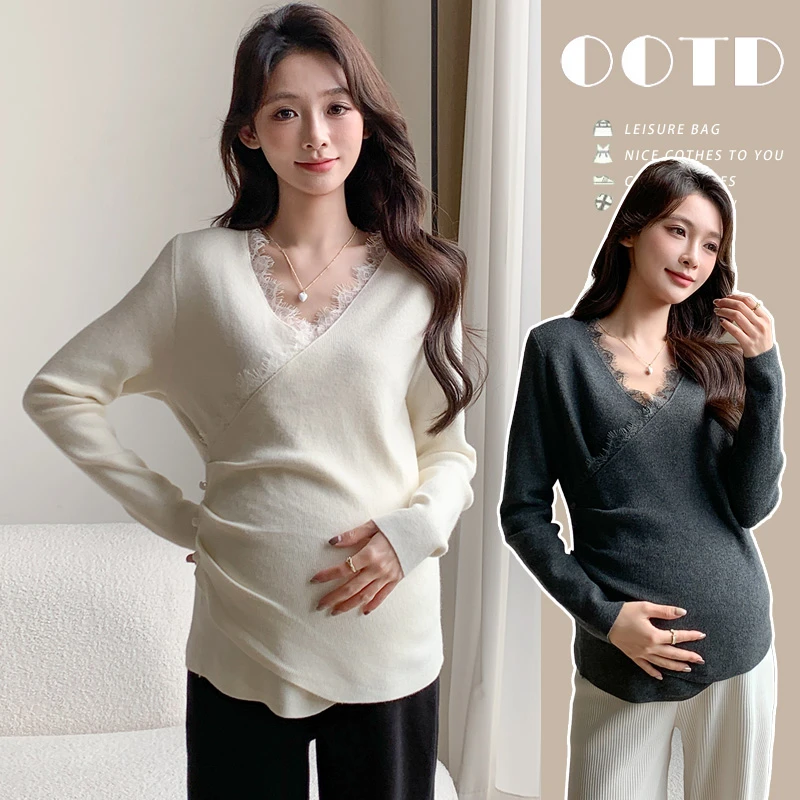 孕妇装V领上衣新款秋冬装宽松交叉可哺乳长袖针织打底衫内搭白色