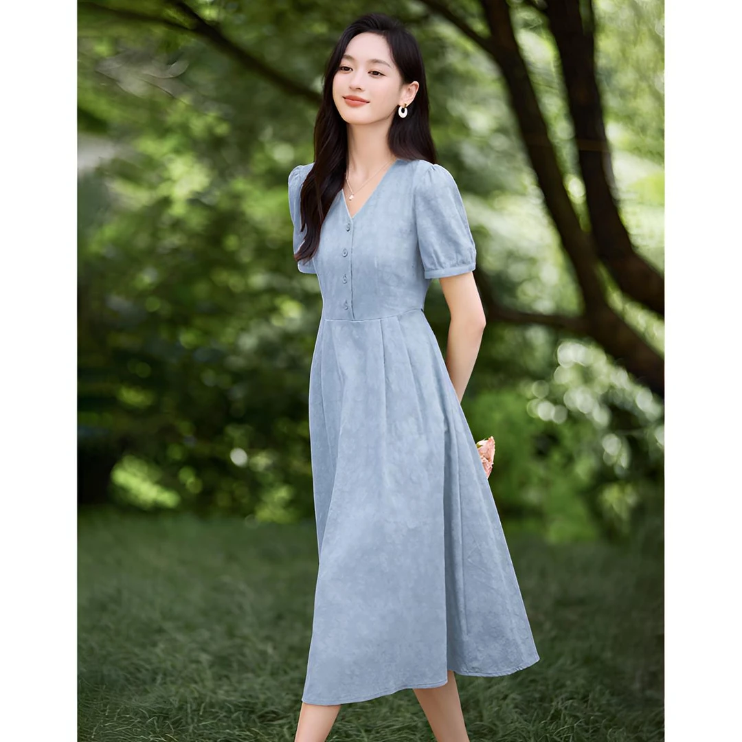 知性优雅棉布提花泡泡袖抽褶V领连衣裙女轻氧感收腰显瘦茶歇裙夏