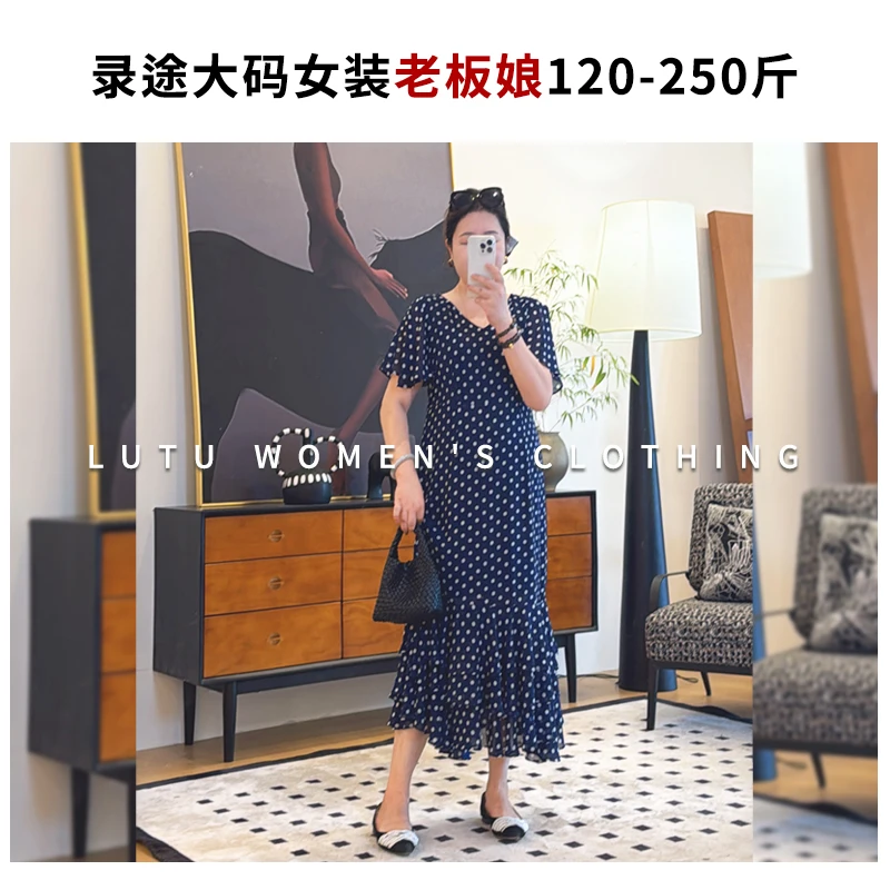 【2025新款】夏季无弹V领波点法式优雅长款连衣裙胖MM120-250斤显