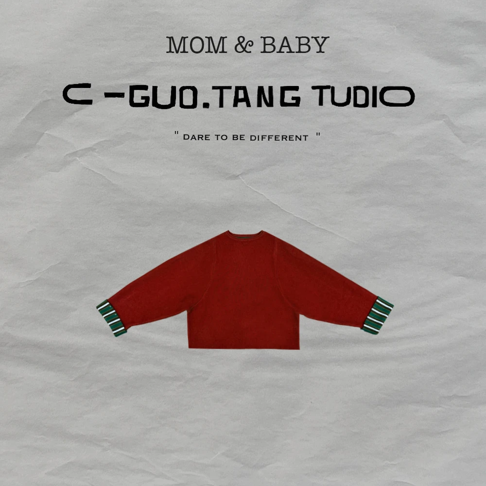 C-Guo.Tang Studio加厚简约双色织时髦保暖新年红色圆领长袖毛衣