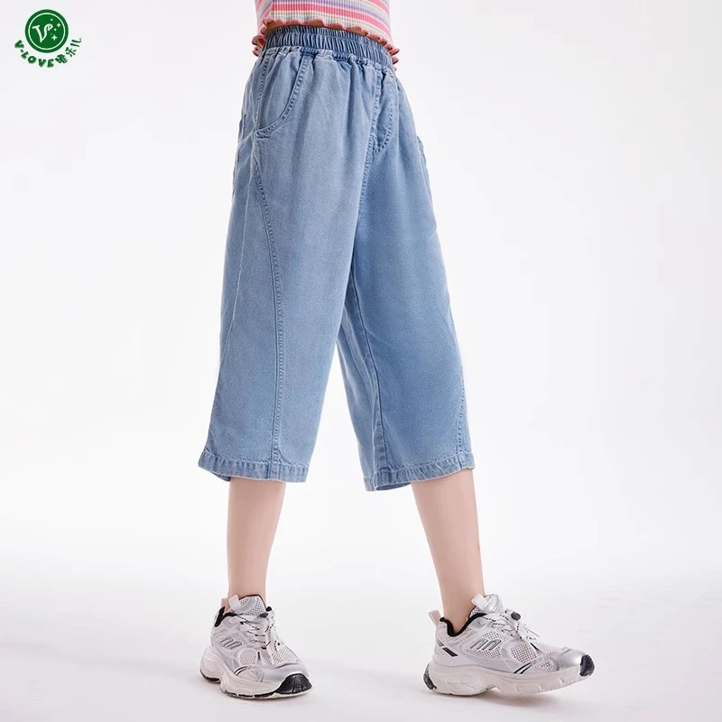 2025新款夏季薄款女童潮酷七分裤女孩天丝软牛仔裤子儿童夏天短裤