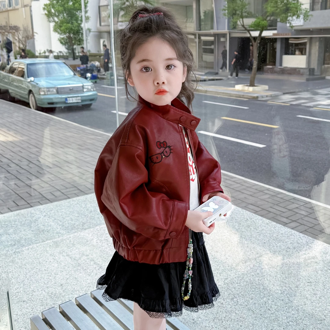 女童秋季皮衣外套2025新款儿童卡通猫咪上衣女宝宝超洋气立领夹克