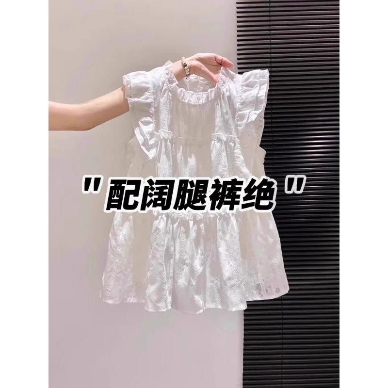 法式小飞袖白色衬衫无袖上衣女2025新款夏设计感甜美木耳边娃娃衫