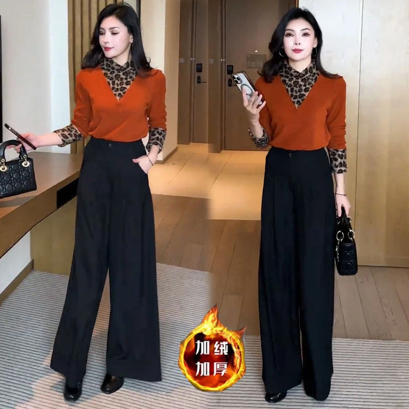 加绒加厚豹纹拼接打底衫女2025冬季新款时髦洋气半高领长袖上衣潮