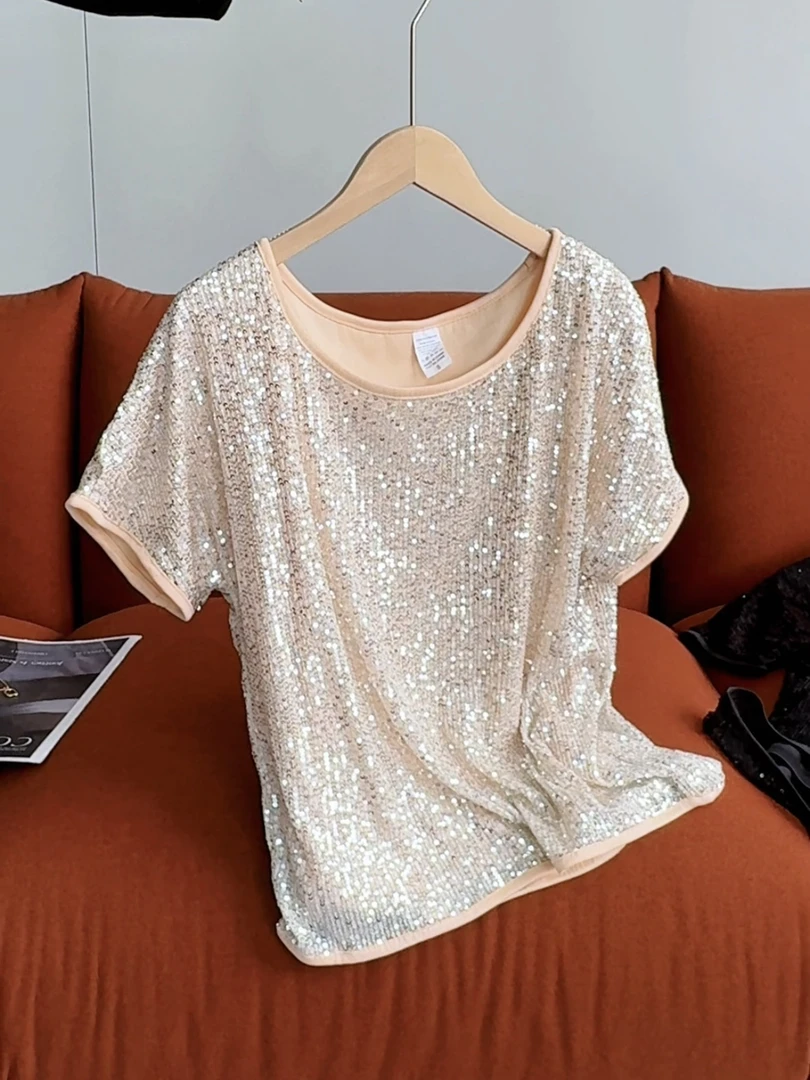 高端网纱拼接圆领亮片雪纺短袖小衫时尚洋气显瘦夏季新款小众上衣