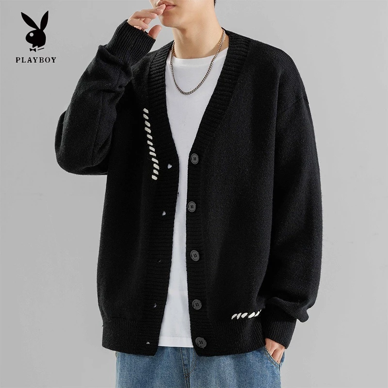 花花公子潮流薄款针织衫外套男女春秋季V领简约宽松外穿开衫毛衣
